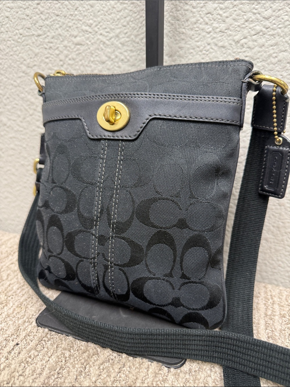 Coach Black Signature Jacquard Crossbody with Gold Turnlock Hardware
